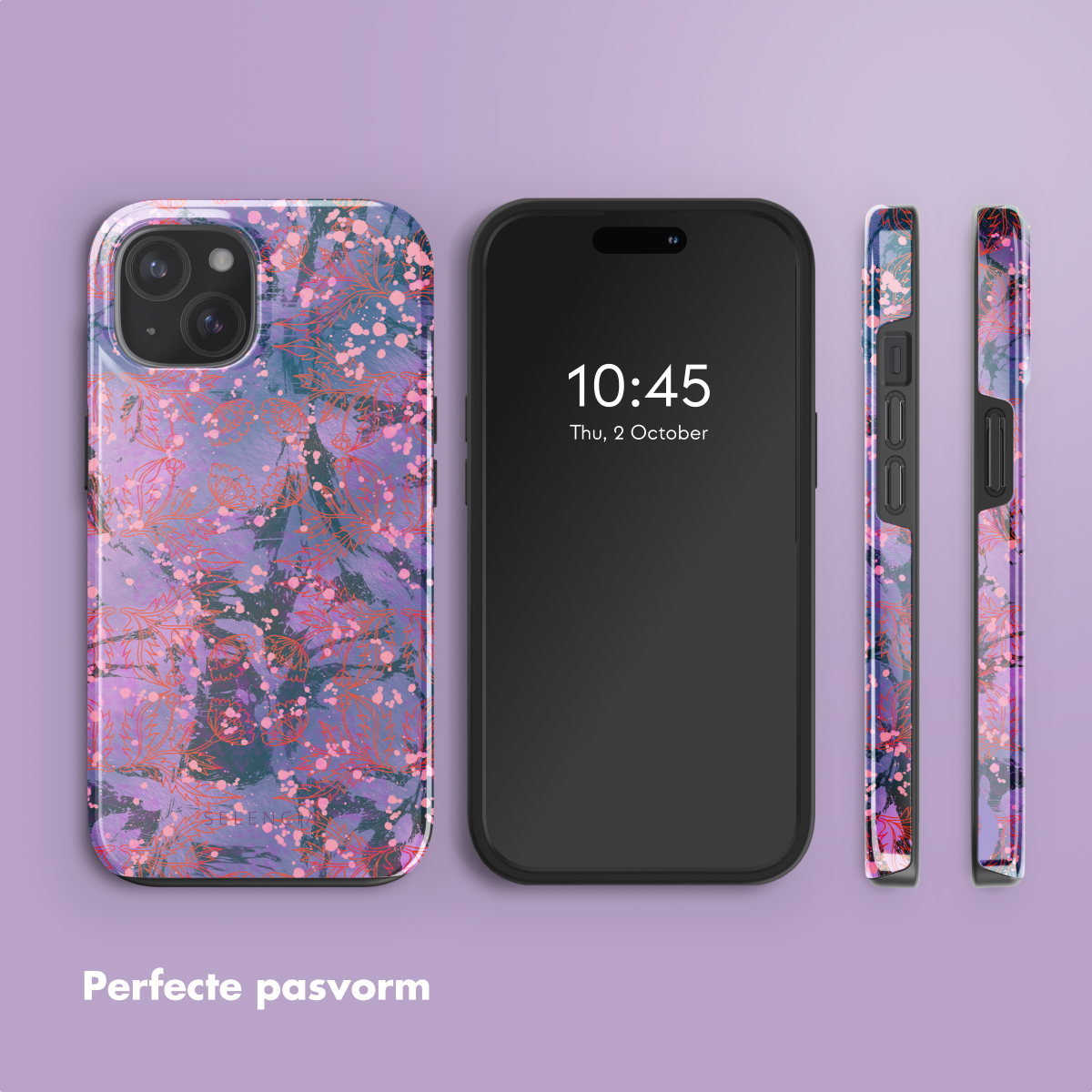 Telefoon en hoesjes: bloemendesign, telefoon toont tijd. Hoesjes aan beide kanten van de telefoon.