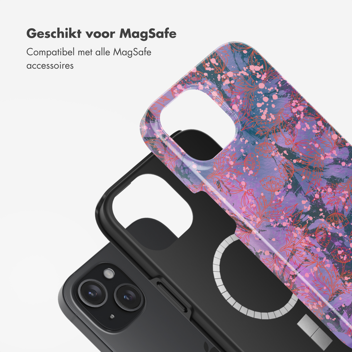 Telefoonhoesjes met een MagSafe-ontwerp. Eén is zwart, de ander heeft een kleurrijk bloemmotief.