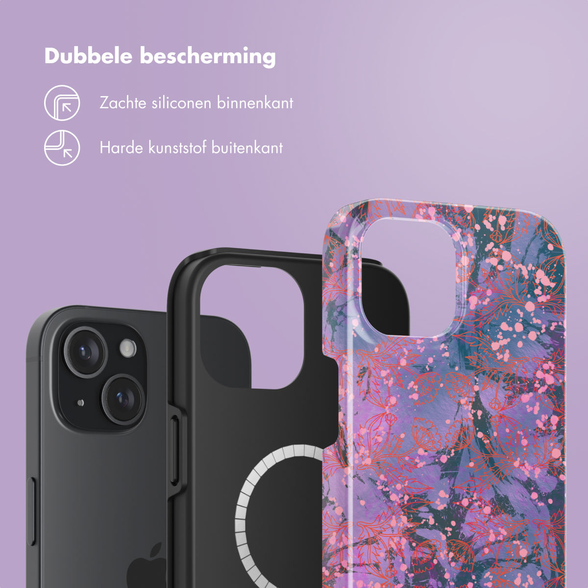 Telefoonhoesjes gestapeld. Zwart, wit en bloemendesign. Focus op het design.