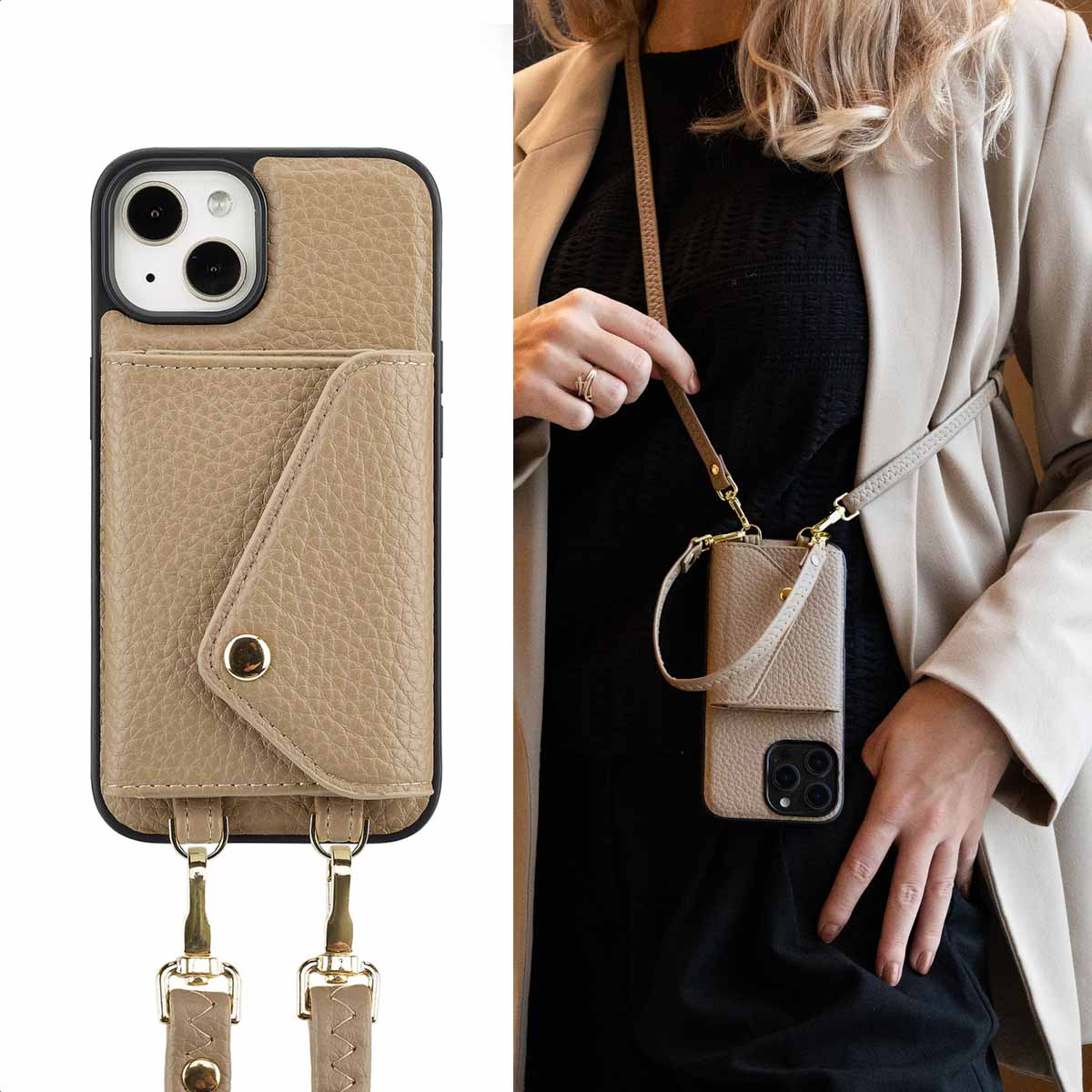 Femme avec étui de téléphone en cuir beige avec sangle. Le téléphone est visible. La femme porte un haut noir et une veste crème.