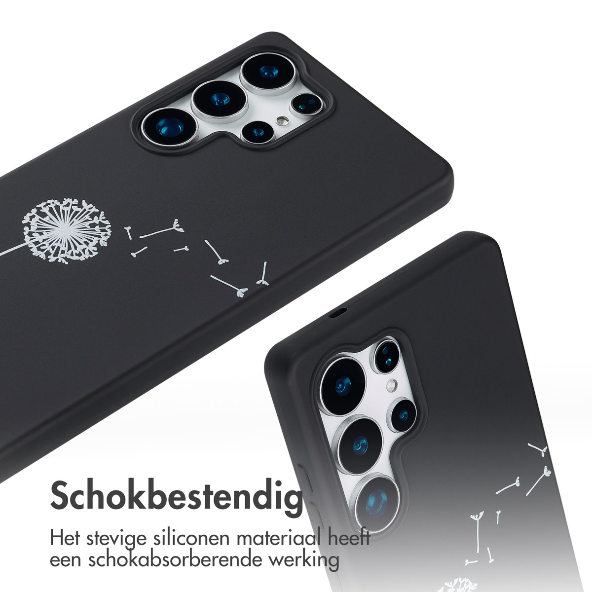 Zwarte telefoonhoesjes met paardenbloem ontwerp. Text: Het materiaal heeft schokabsorberende eigenschappen.