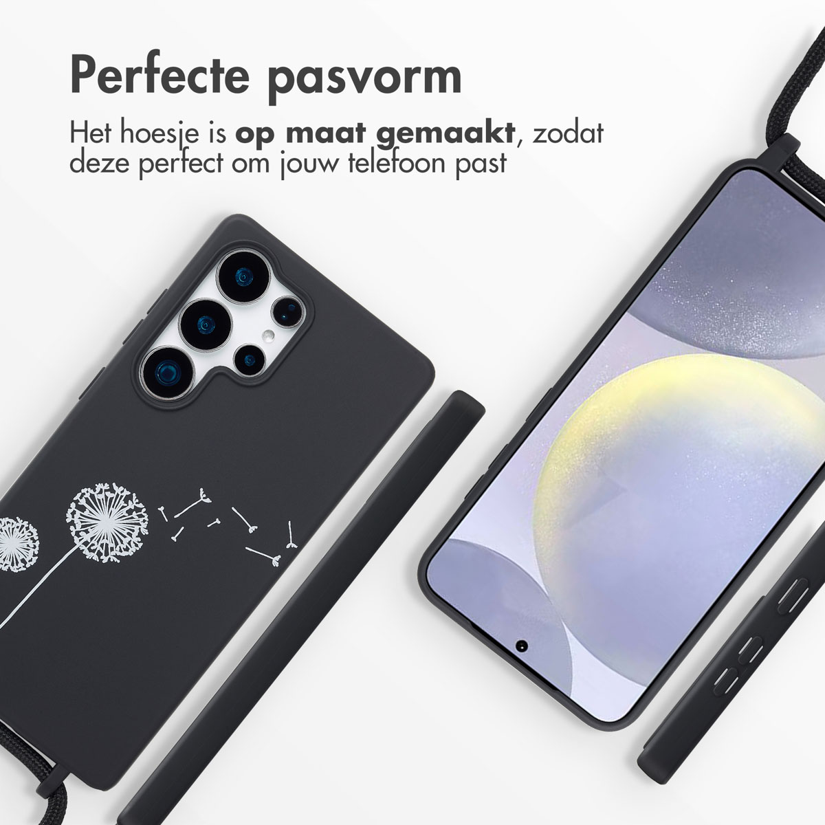 Zwarte telefoonhoes met een paardenbloem ontwerp. Telefoon zit in de hoes. Een zwarte riem is verbonden.