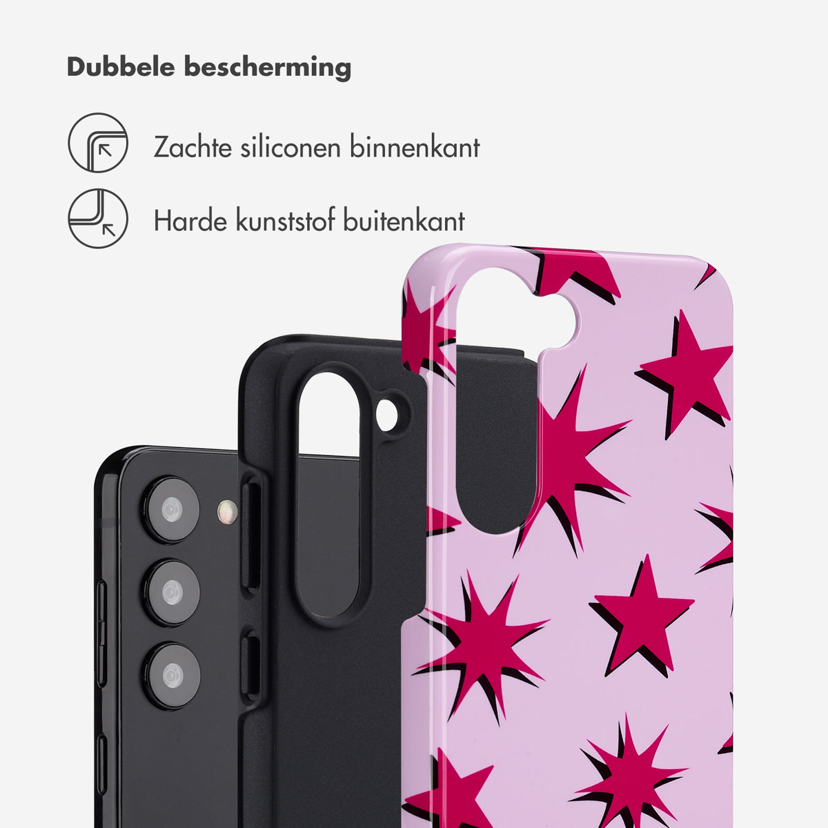 Schwarzes Telefon in einer pinkfarbenen Sternhülle. Weißer Hintergrund.