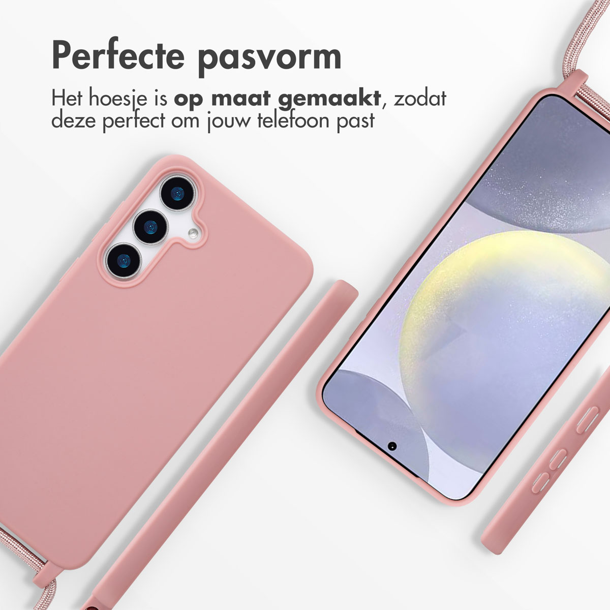 Téléphone rose avec étui et cordon. Texte : Perfect fit. Text: Het hoesje is op maat gemaakt, zodat deze perfect om jou telefoon past