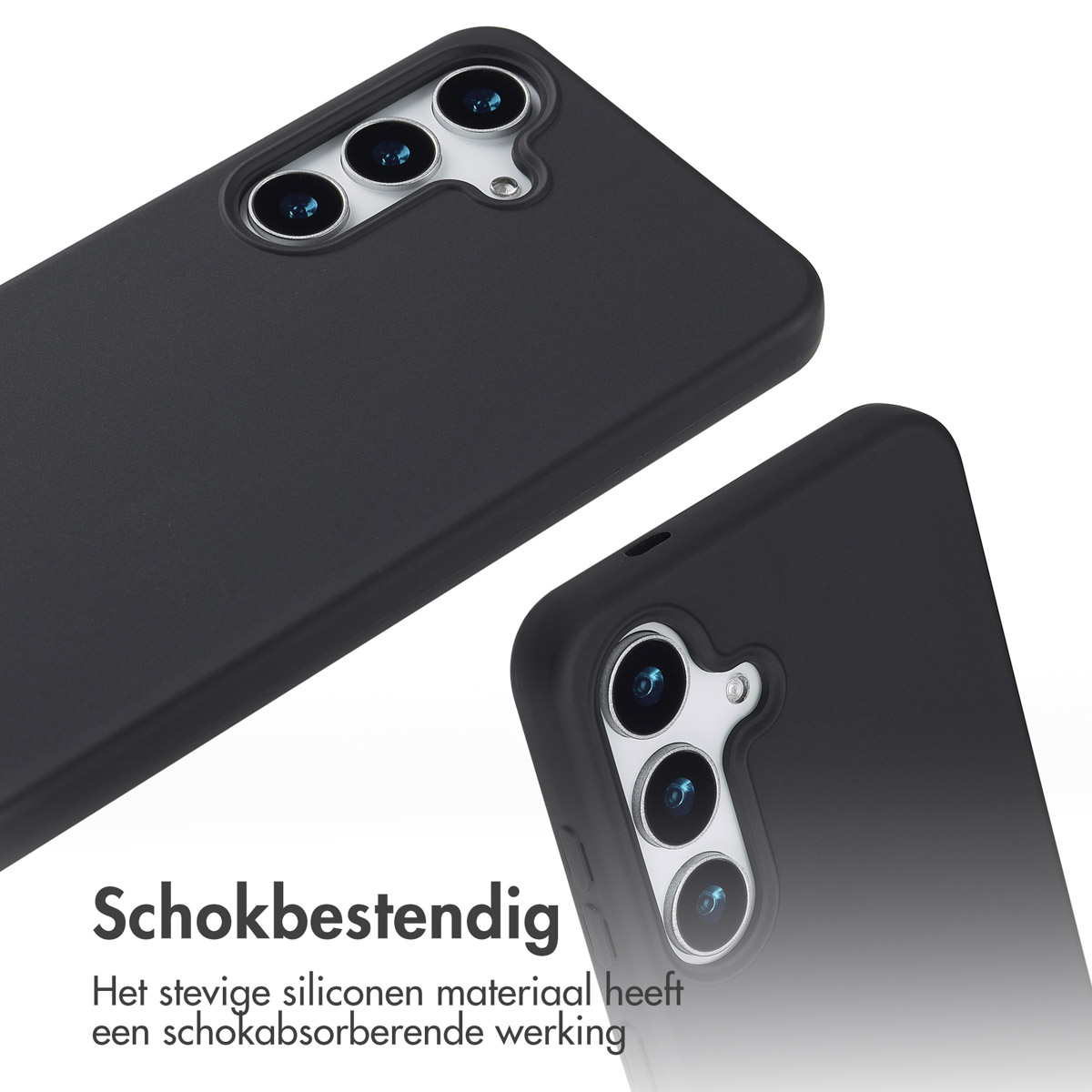 Twee zwarte telefoonhoesjes. De hoesjes worden vanuit verschillende hoeken getoond. Tekst op de achtergrond.