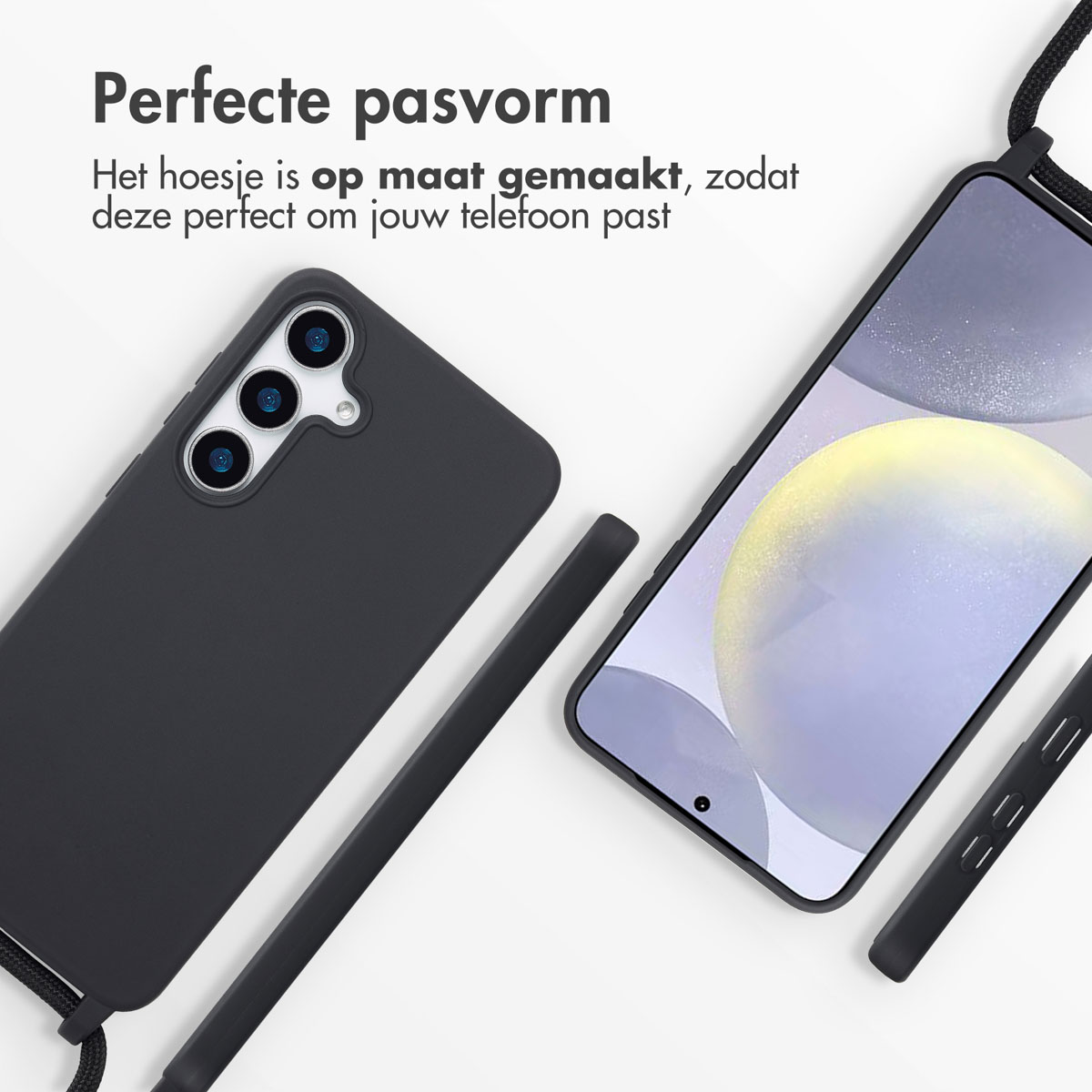 Een zwart telefoonhoesje op een wit oppervlak. Op maat gemaakt, met een zwarte band.
