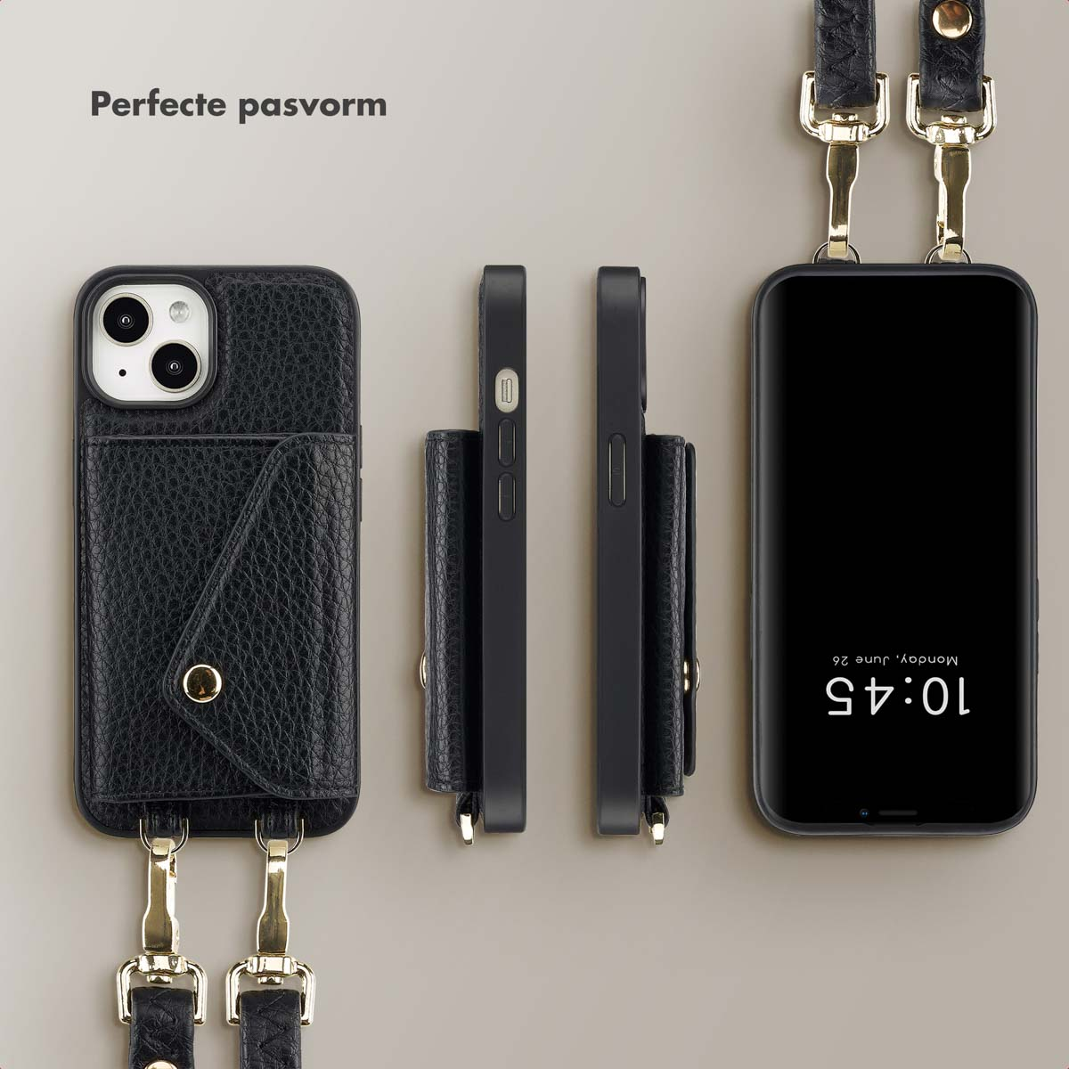 Zwarte telefoonhoes met een zak en riem. Telefoon staat rechts. Meerdere weergaven worden gepresenteerd.