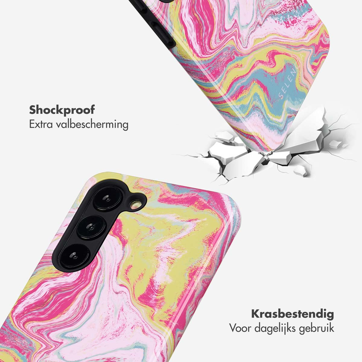 Custodia del telefono con un design colorato. La custodia è mostrata incrinata nell'immagine.
