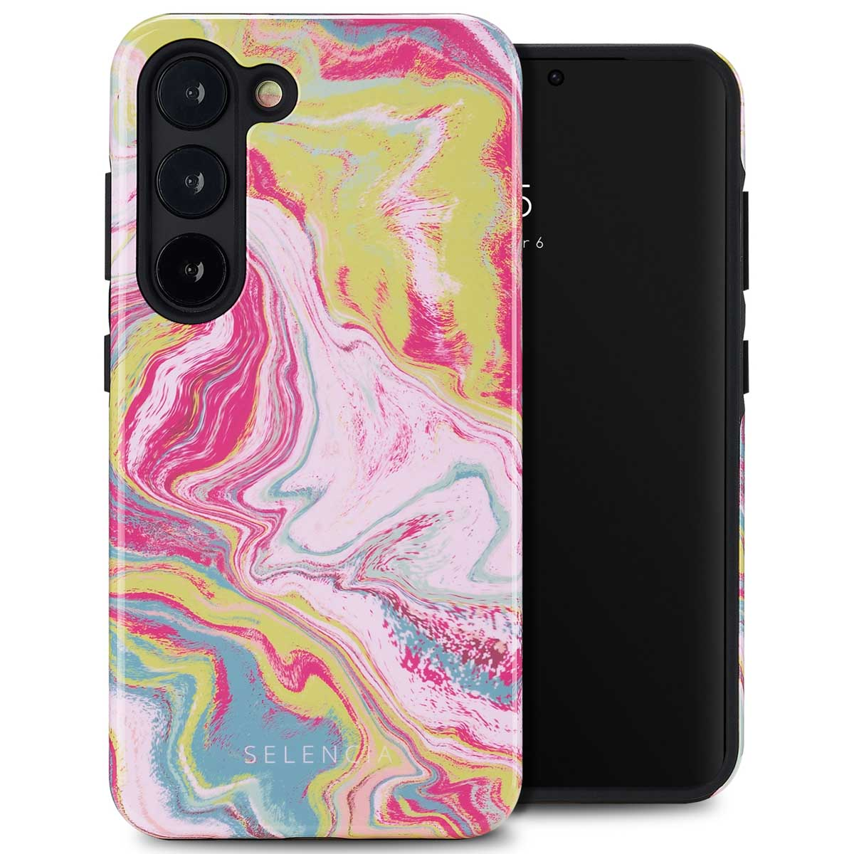 Uno smartphone in una custodia colorata con un design marmorizzato, con una fotocamera a tripla lente.