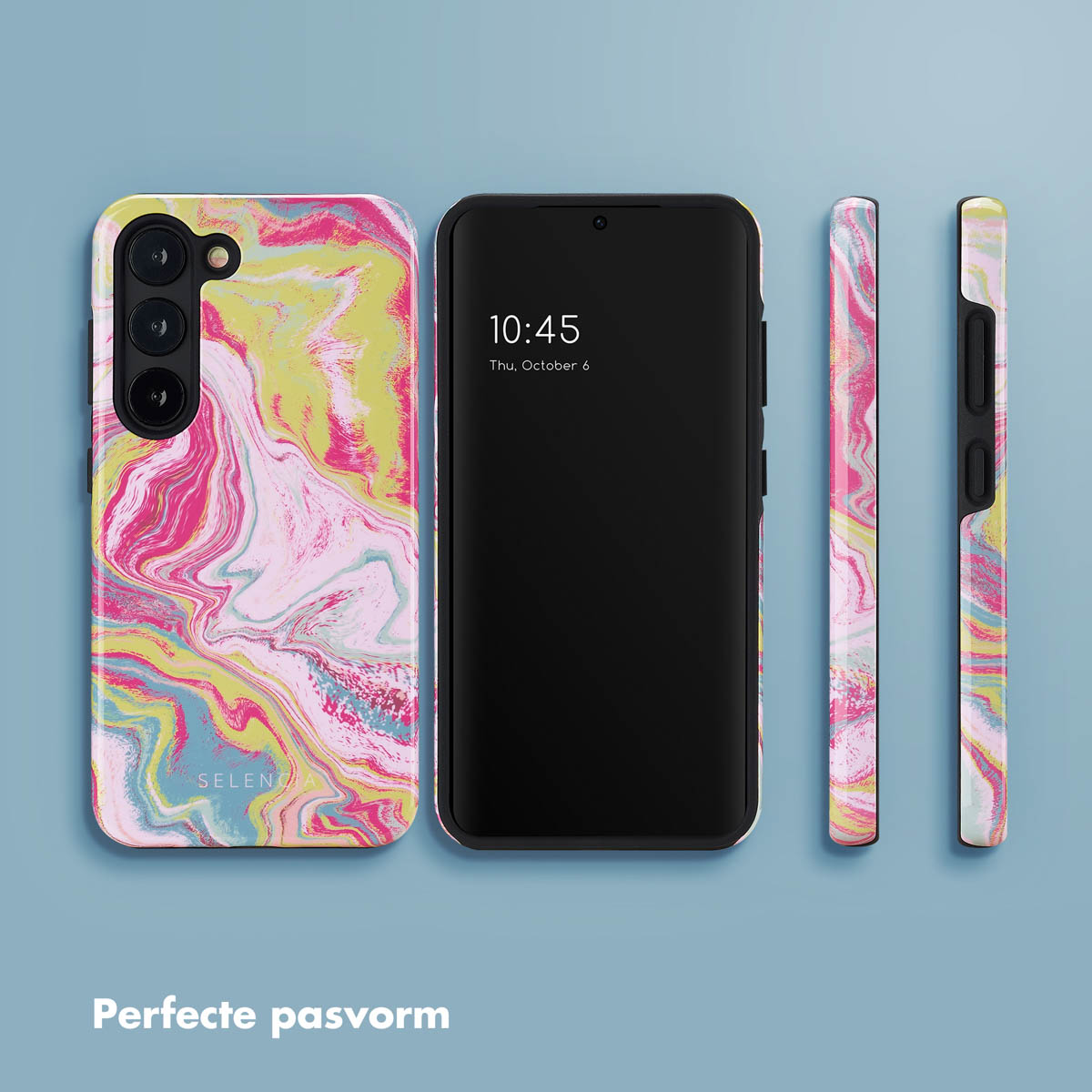 Un telefono in una custodia colorata. Mostra il telefono da diverse angolazioni, disposto su una superficie blu.