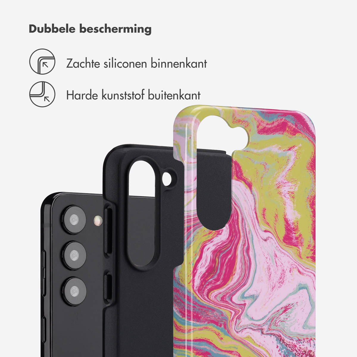 Tre custodie: un telefono e due custodie. Mostra una custodia con un design marmorizzato.