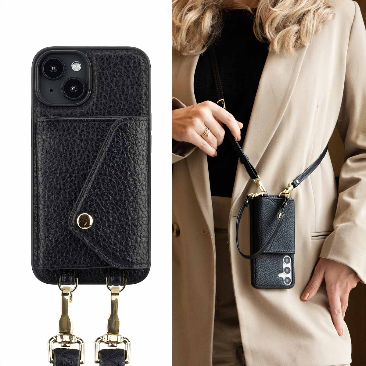 Zwart telefoonhoesje met kaartsleuf en crossbody riem, bij een vrouw.