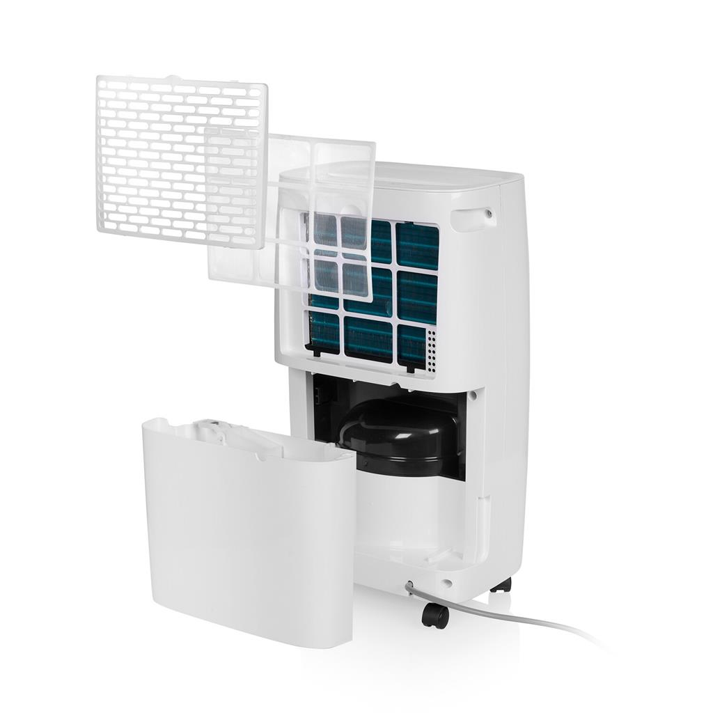 Purificatore d'aria bianco con filtri staccati. La parte anteriore e superiore sono aperte, rivelando parti interne.