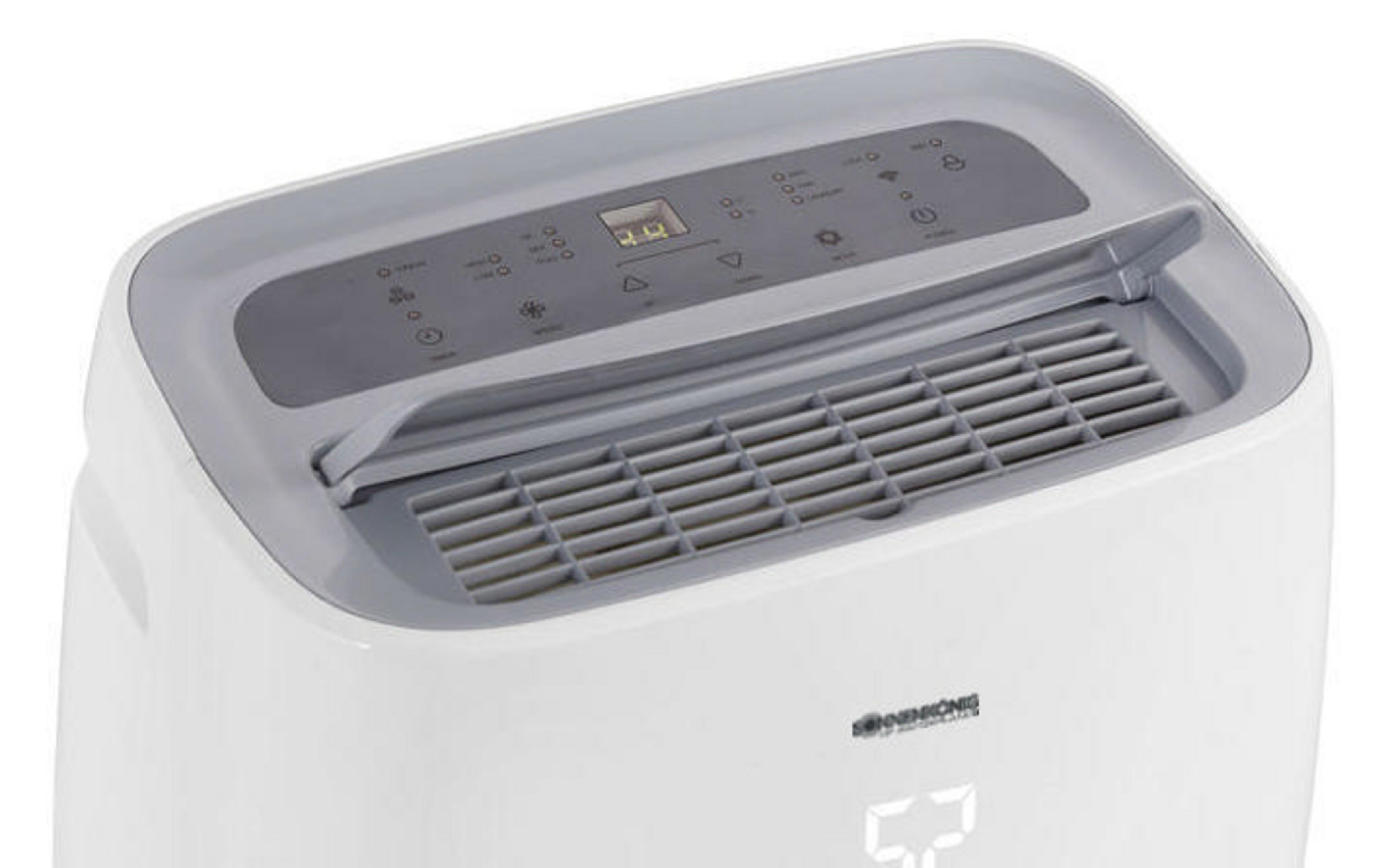 Deumidificatore bianco e grigio con pannello di controllo e schermo nella parte superiore.