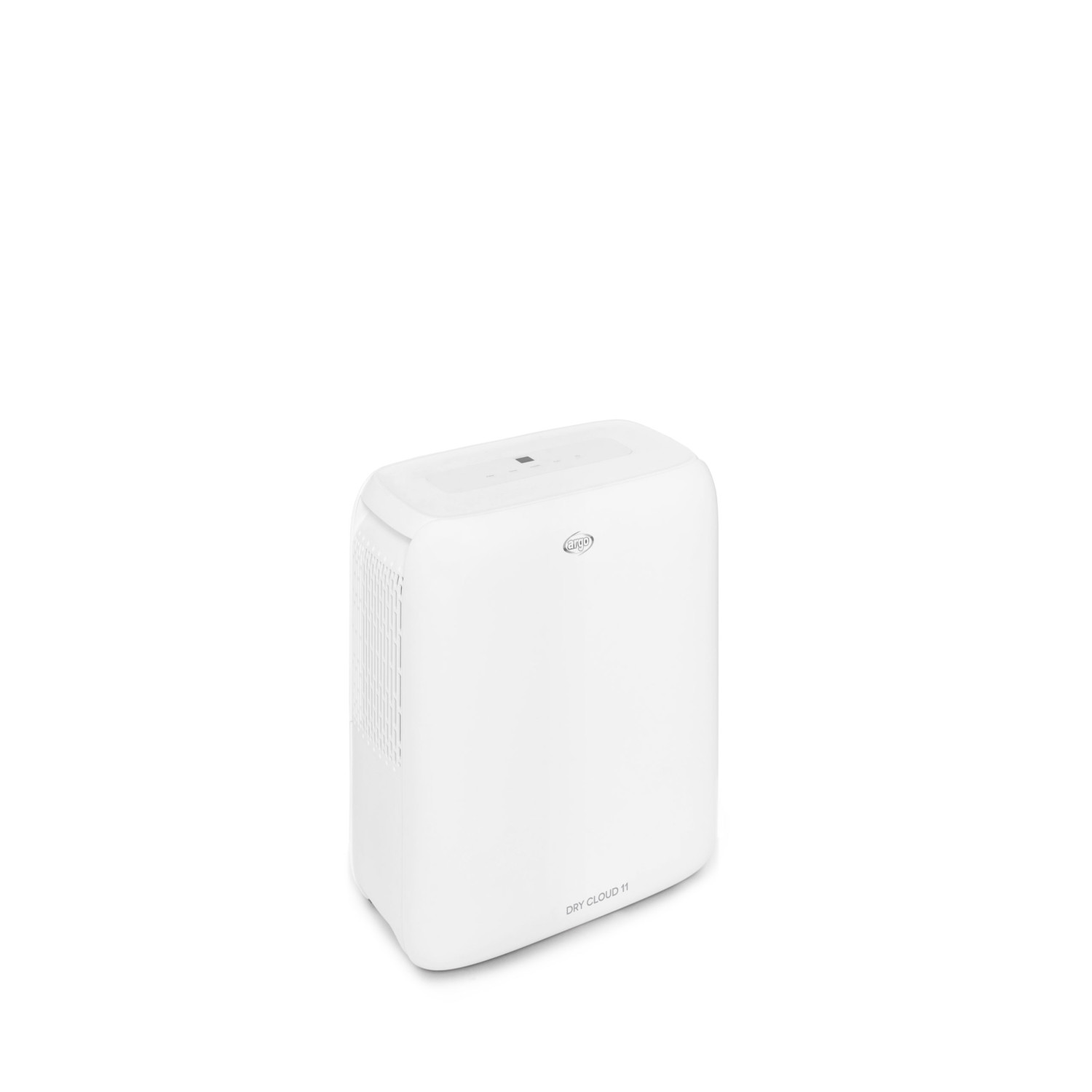 Purificatore d'aria bianco. Forma rettangolare con angoli arrotondati. Pannello di controllo superiore.