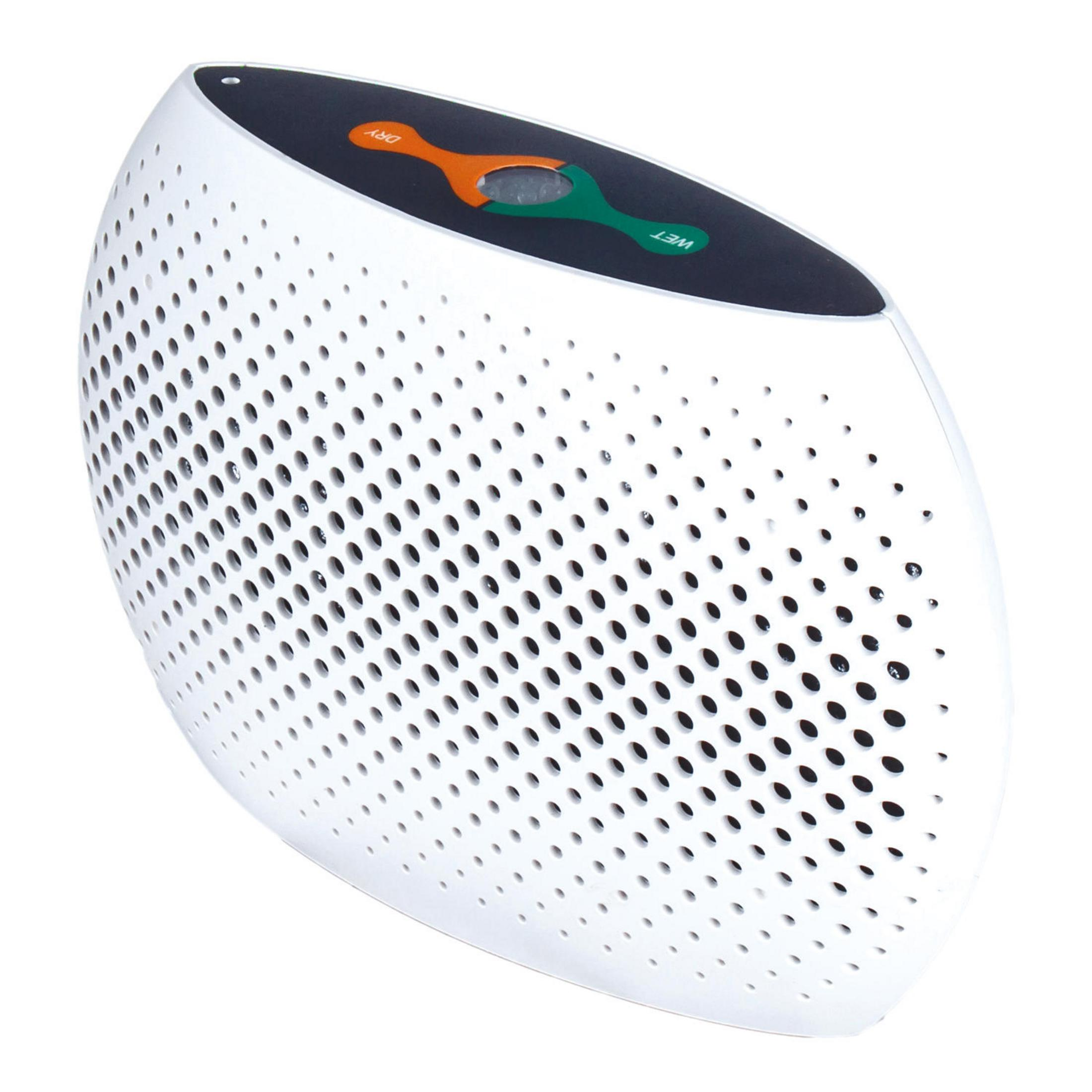 Purificateur d'air blanc de forme ovale. Il a une grille de trous. Le dessus a des boutons orange et verts. Le fond est blanc.