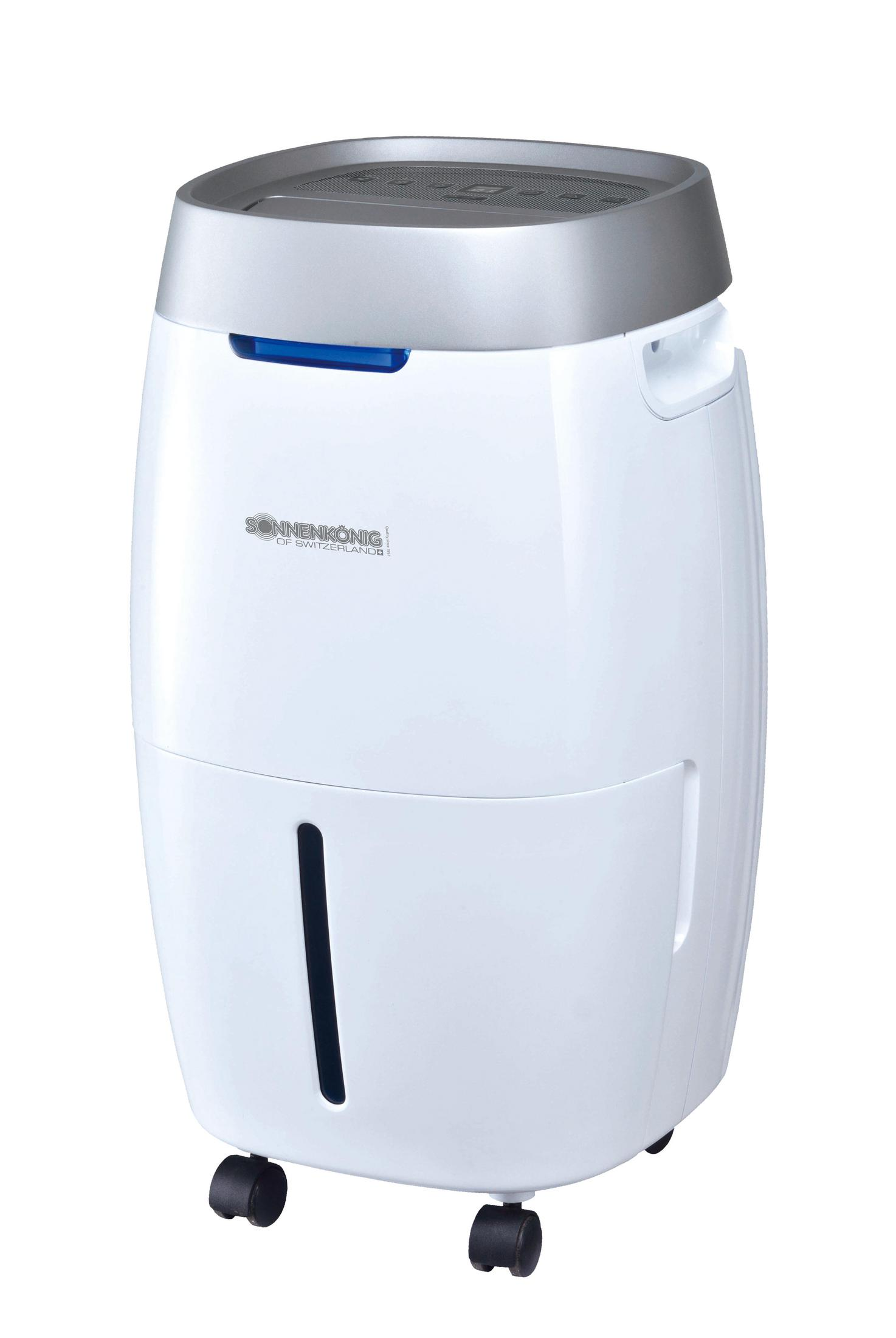 Déshumidificateur blanc avec un dessus argenté. Il a un indicateur de niveau d'eau noir.