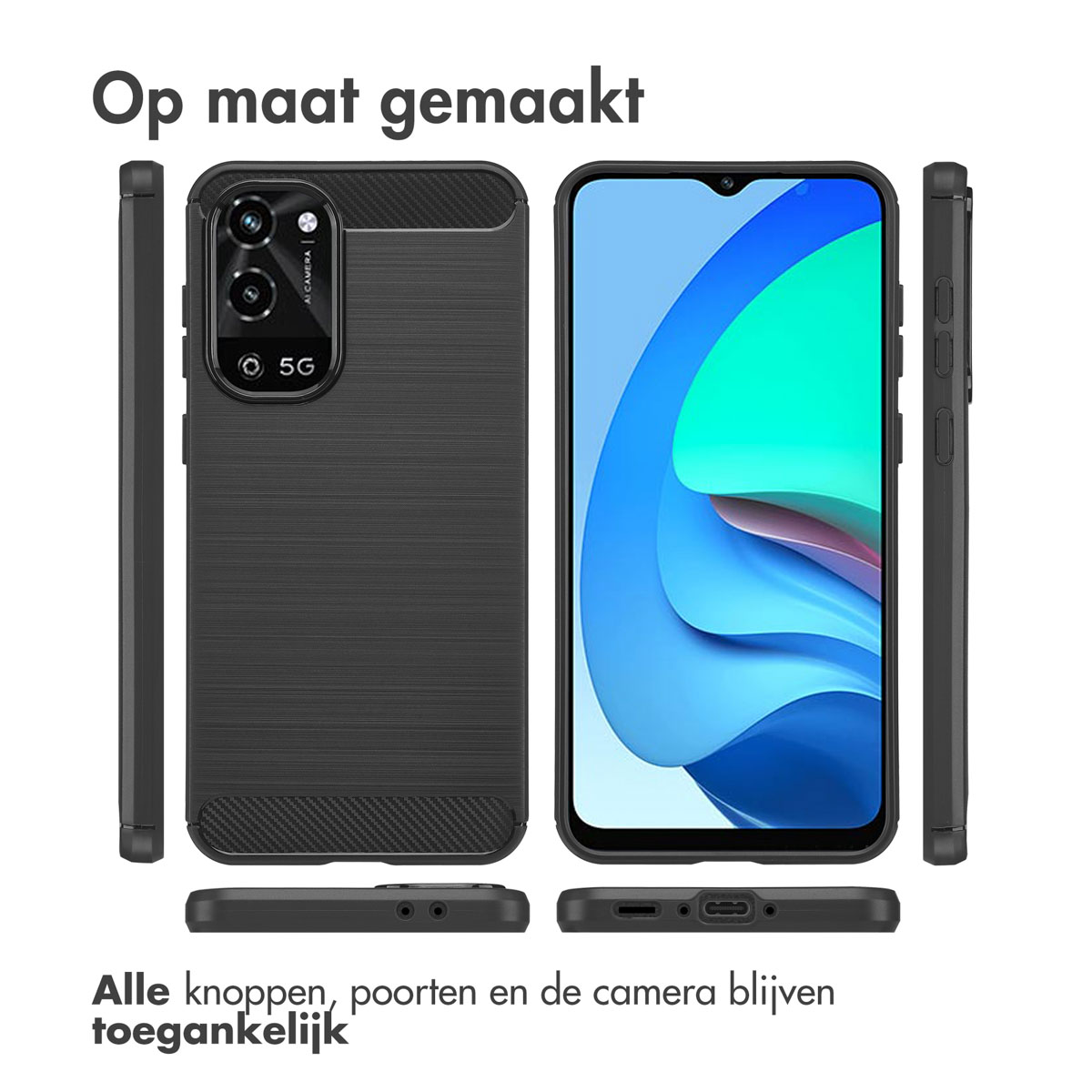 Coque de téléphone noire, sur mesure, avec tous les boutons et ports accessibles, vues multiples.