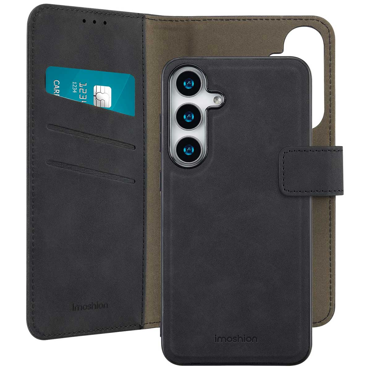 Étui portefeuille noir avec une carte de crédit. Le téléphone est dans l'étui.