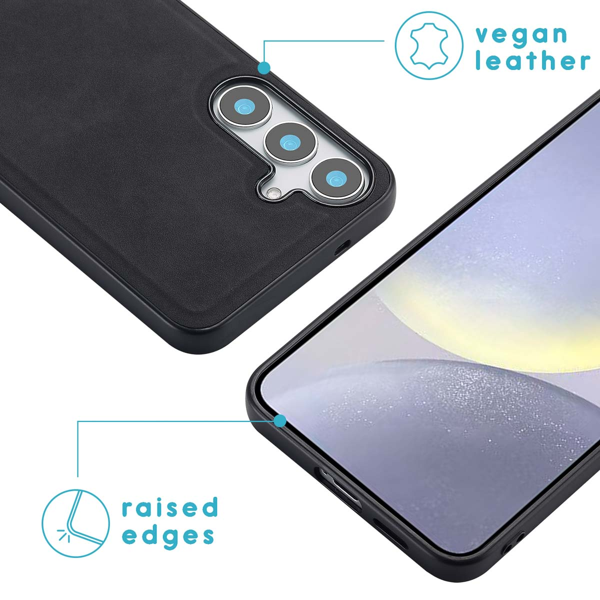Une coque de téléphone noire avec un dos en cuir végétal marron. La coque a des bords surélevés.