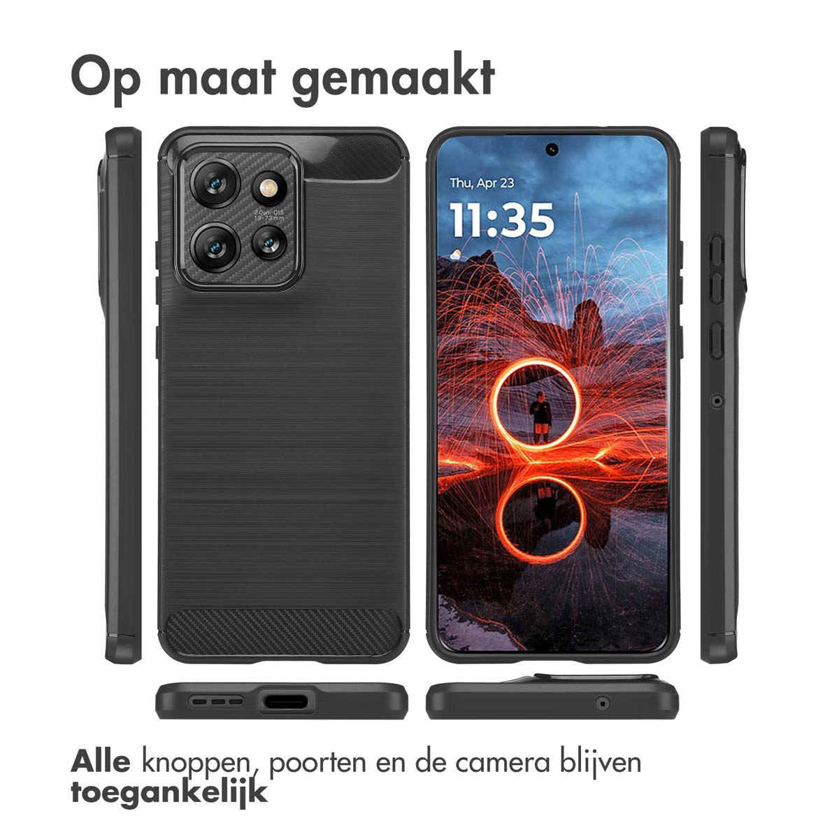 Zwarte telefoonhoes met camera-uitsparingen, knoppen en grafisch scherm.