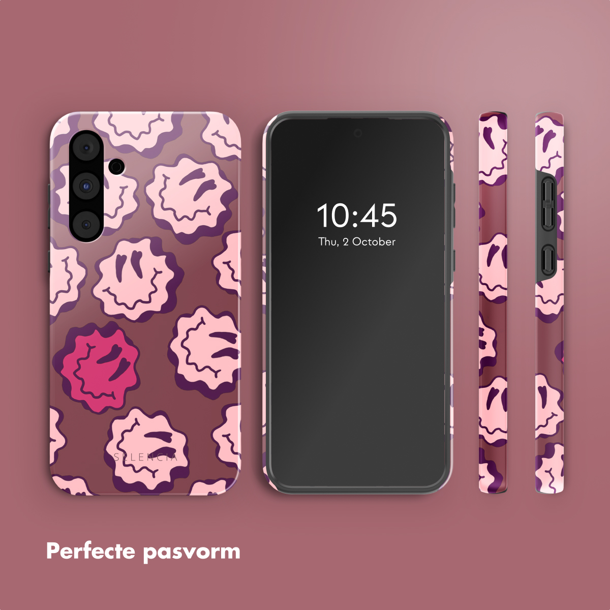 Un telefono con una custodia e altre due viste della custodia. La custodia ha un motivo a faccine sorridenti rosa.