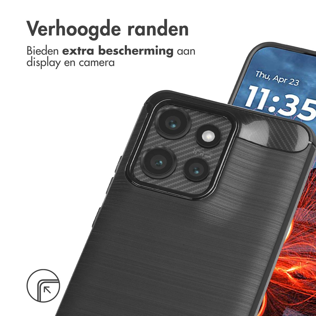 Close-up van telefoonhoesje met telefoon. Text: Biedt extra bescherming voor display en camera.