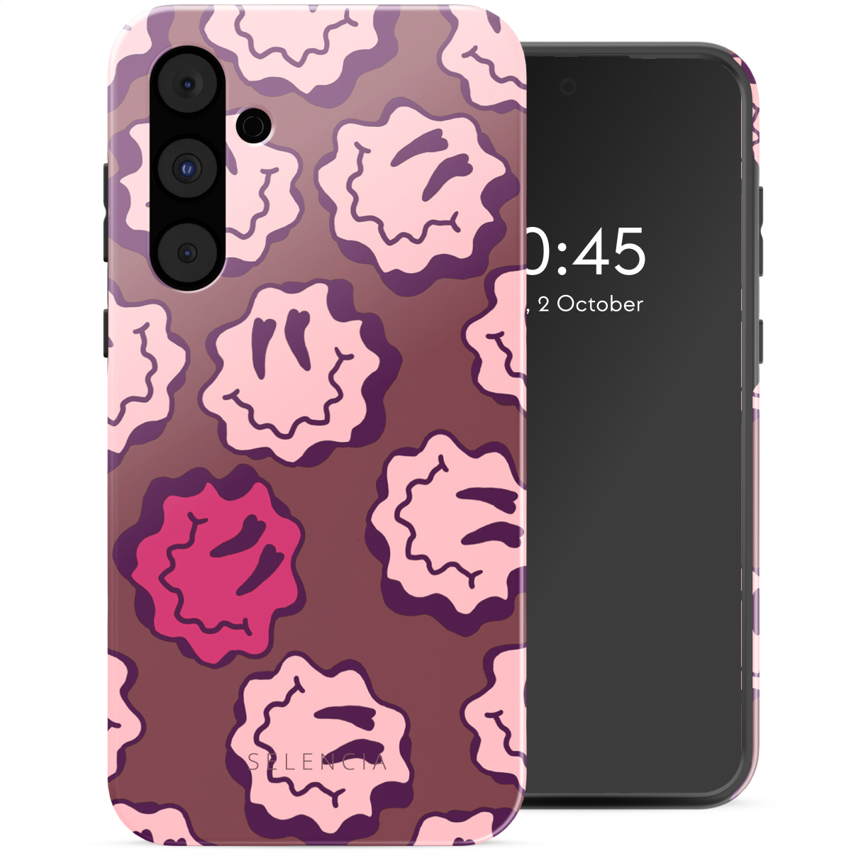 Custodia per telefono con faccine rosa ripetute. Lo schermo mostra ora e data.