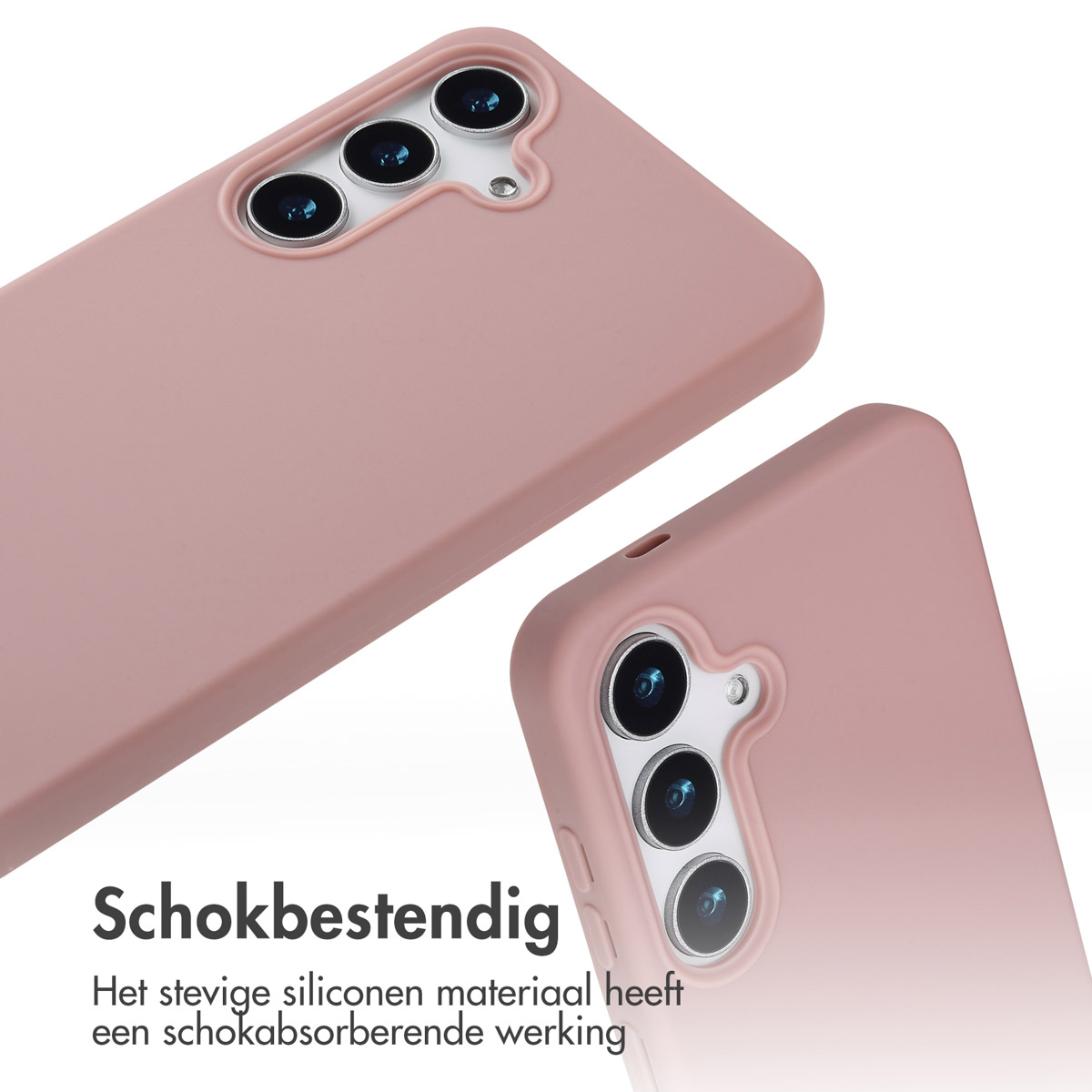 Roze telefoonhoesje, met zichtbare camera van de telefoon. De hoes is schokbestendig, gemaakt van siliconen materiaal.