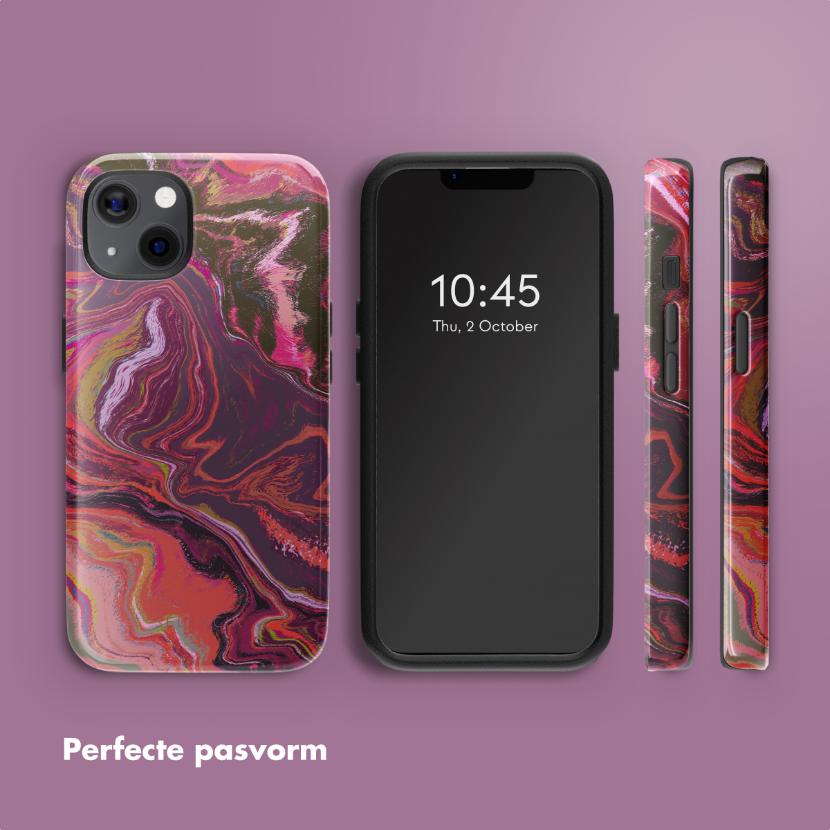 Trois vues d'un téléphone avec un étui. L'étui a un design en marbre rose et rouge. Le téléphone affiche 10h45 à l'écran.