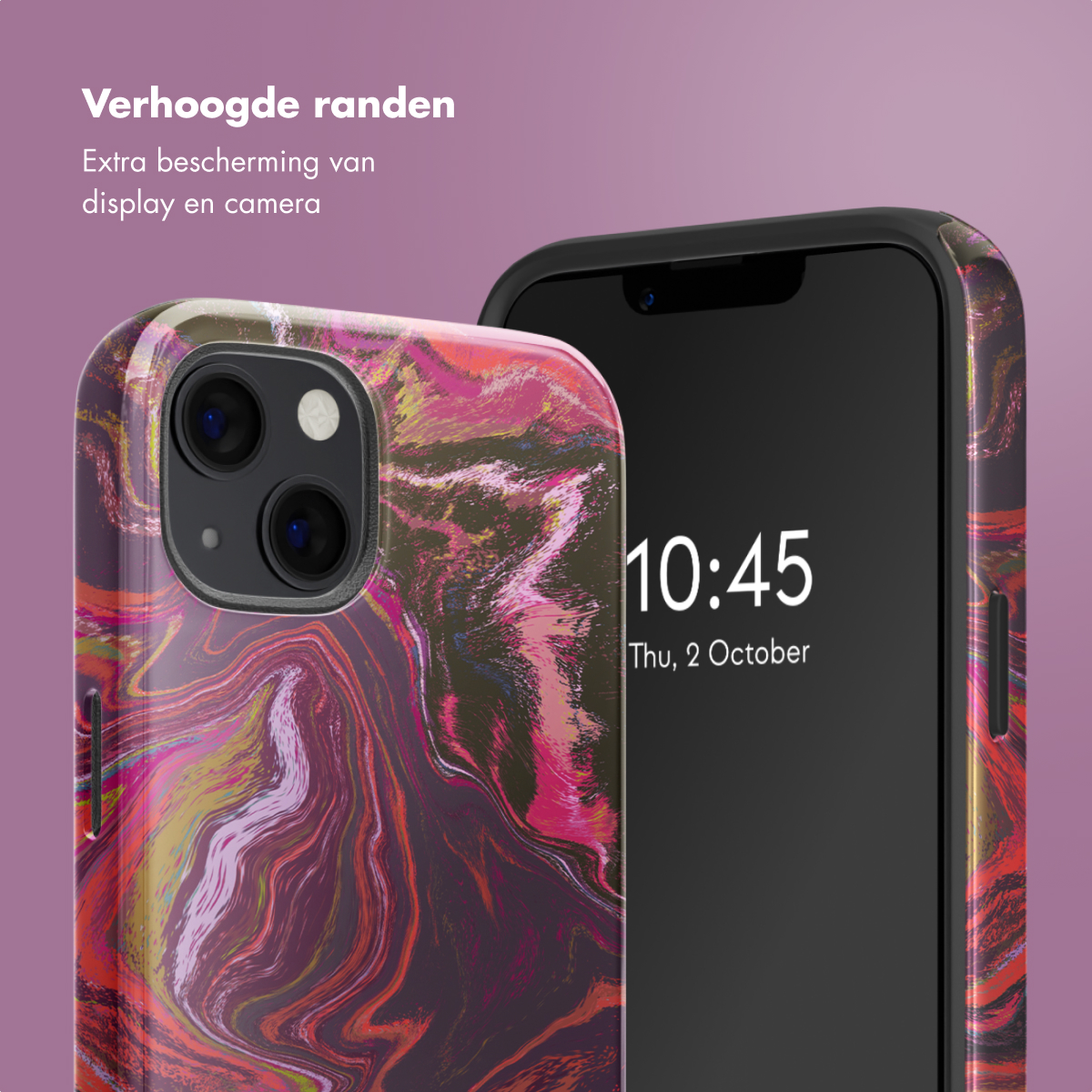 Coque de téléphone avec un design marbré, avec des bords surélevés de 1 mm et un téléphone partiellement visible.