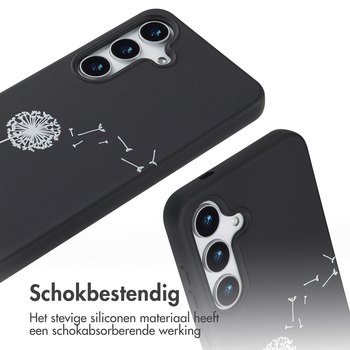 Coque noire avec motif pissenlit. Deux téléphones dans le cadre.