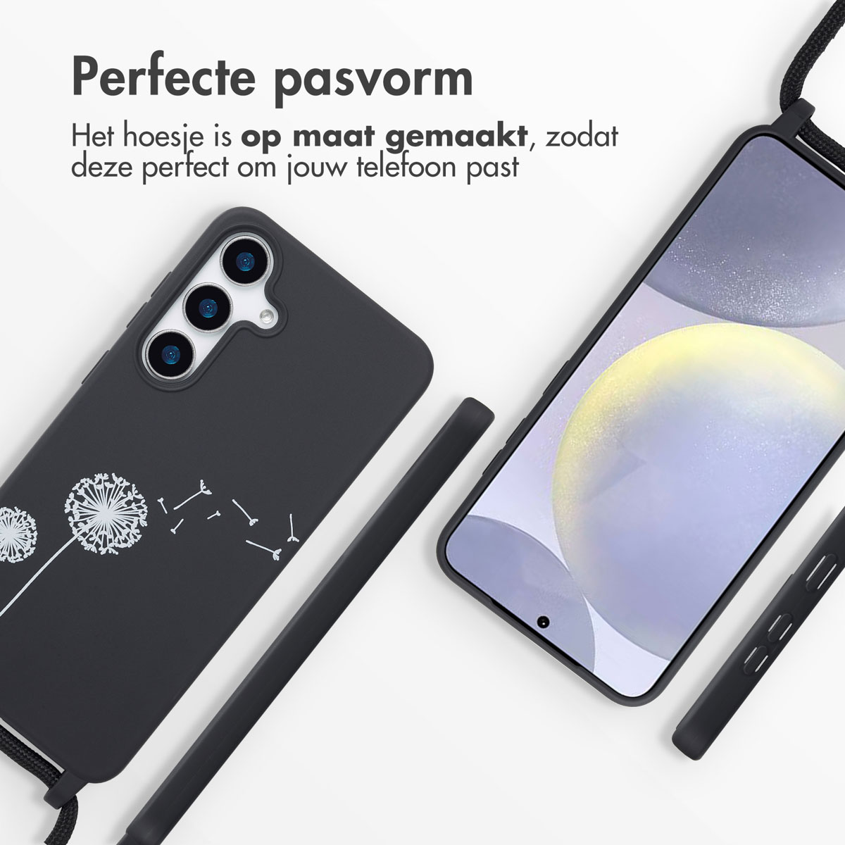 Coque de téléphone noire avec un motif de pissenlit et un cordon noir. Ajustement parfait.