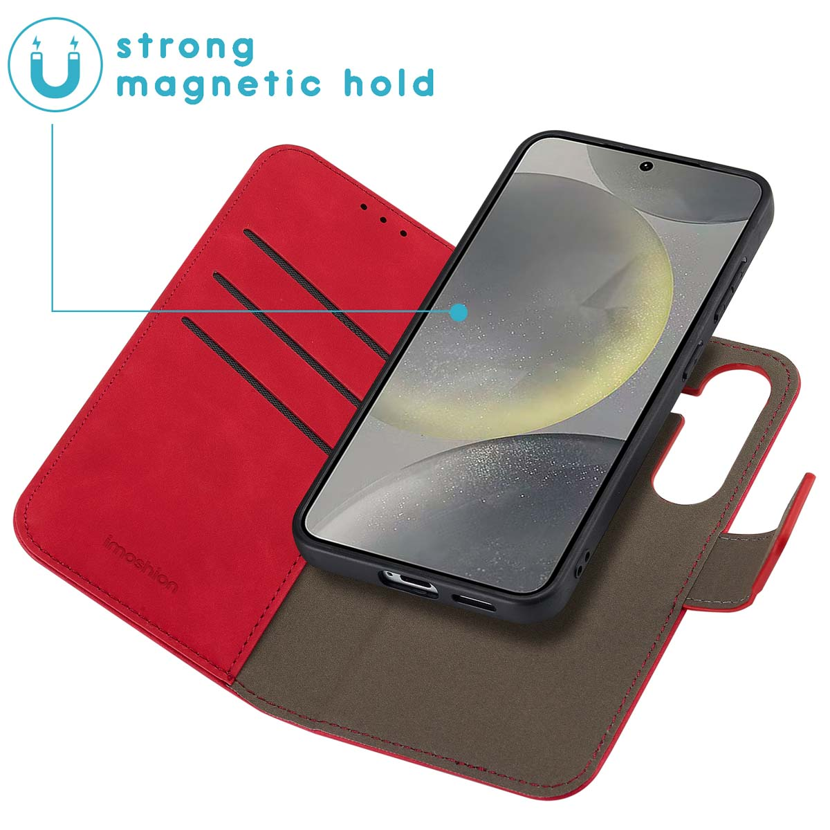 Red phone wallet with a phone. The phone is in the middle. Strong magnetic hold is indicated.