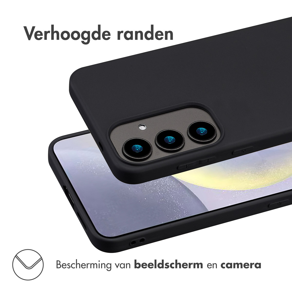 Coque de téléphone noire avec bords surélevés. Un téléphone repose à l'intérieur, montrant les lentilles de la caméra.