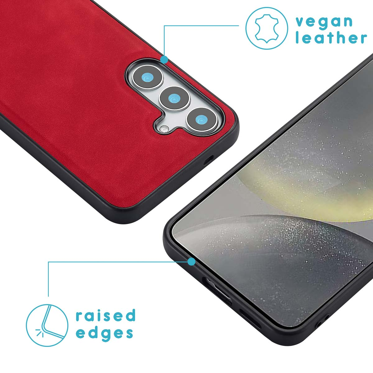 A red vegan leather phone case. Raised edges protect the screen. The case covers the back of the phone.