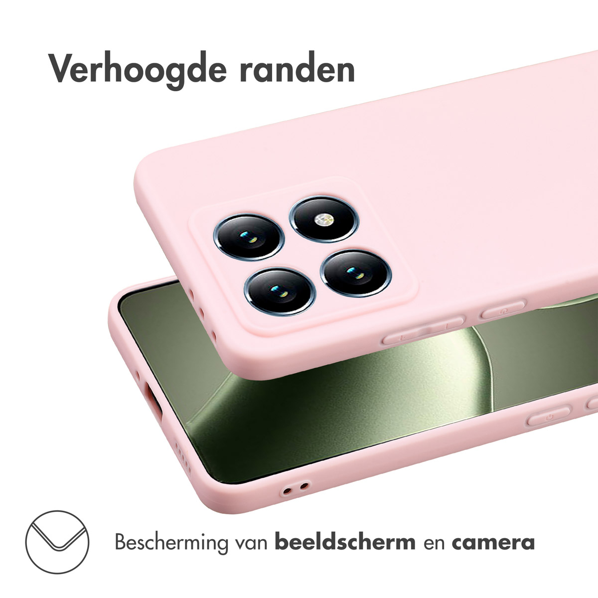 Coque rose avec téléphone à l'intérieur. Texte : Protection de l'écran et de l'appareil photo.