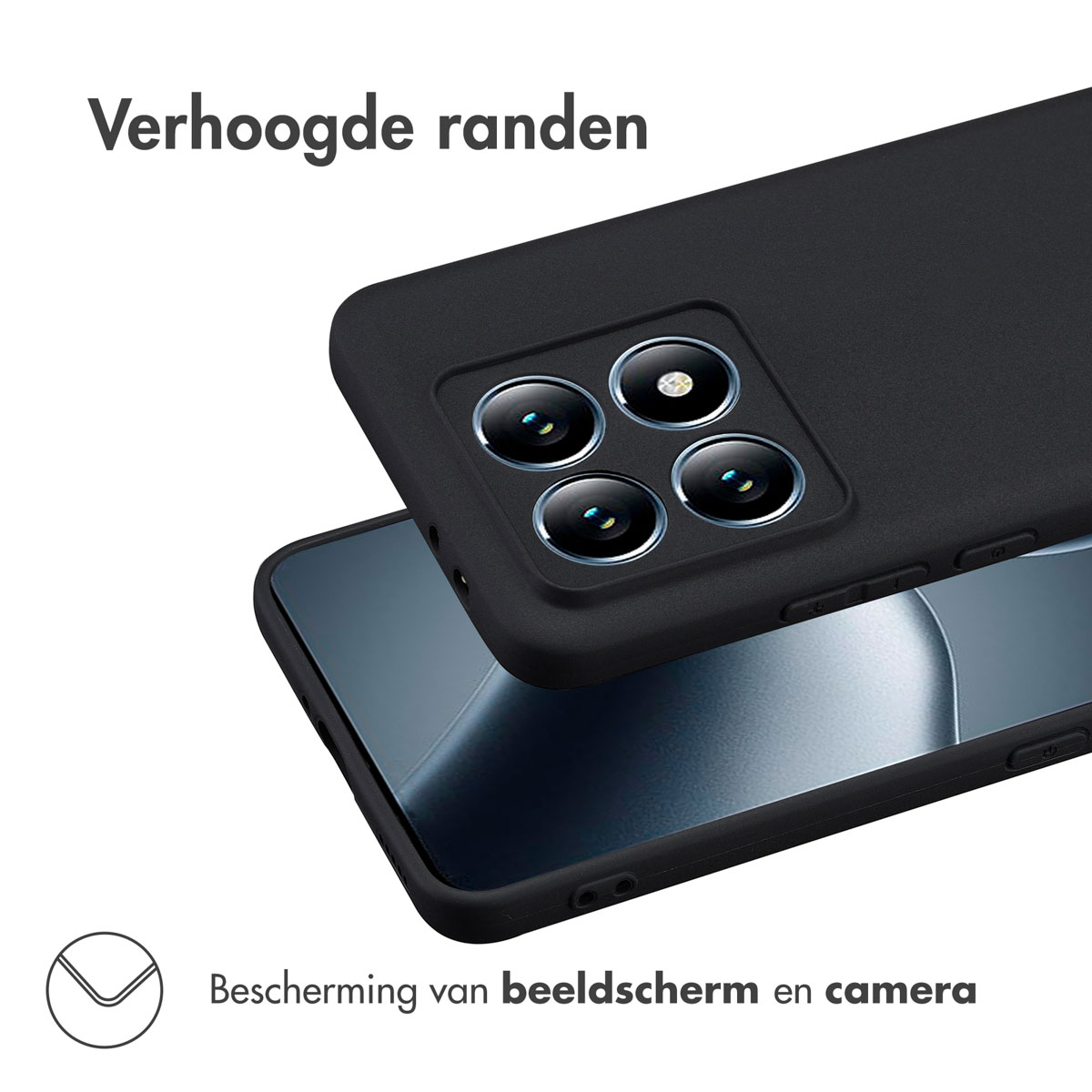 Coque de téléphone noire avec lentilles de caméra et bords surélevés. Texte : Protection de l'écran et de la caméra.