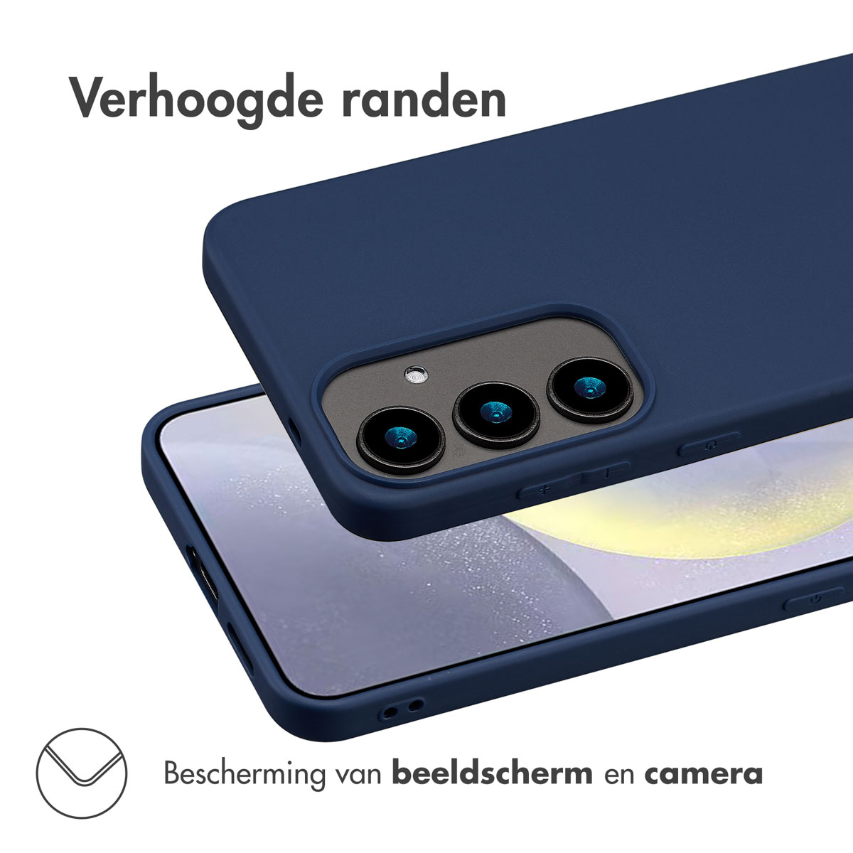 Coque bleue avec bords surélevés, protège écran et caméra. Le téléphone est sur fond blanc.
