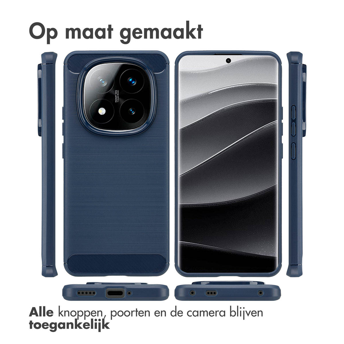 Coque de téléphone et téléphone. Texte : 'Op maat gemaakt'. La coque et la caméra du téléphone sont visibles.