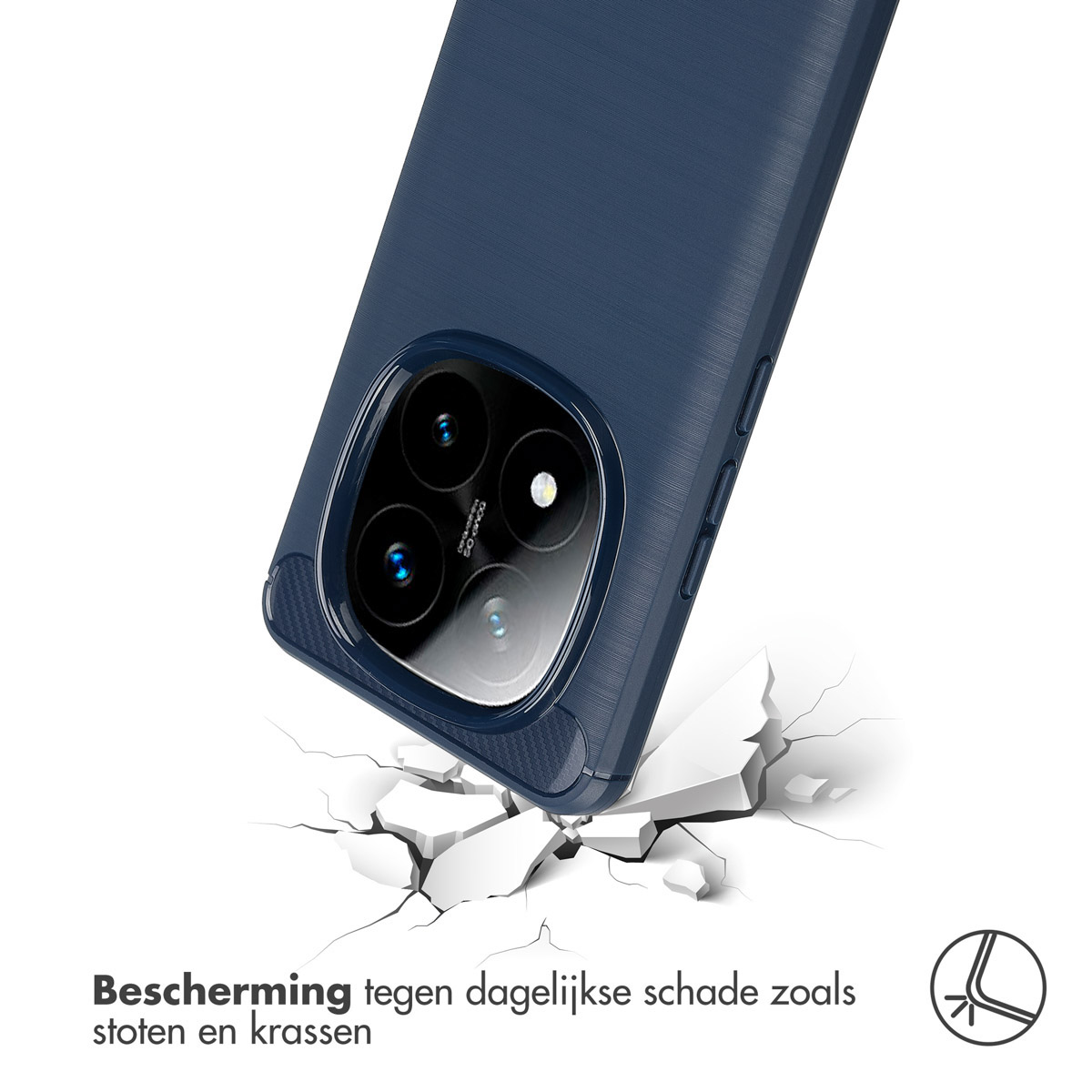 Une coque de téléphone bleue sur une surface blanche. La coque tombe et fissure la surface.