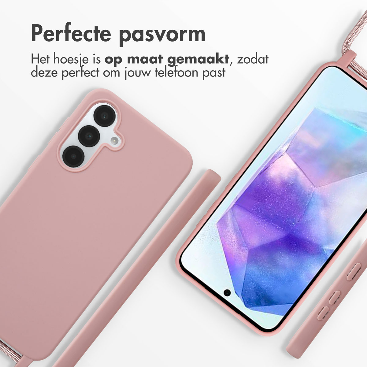 Roze telefoonhoesje met een telefoon erin. Een touwtje is bevestigd aan de hoes, met een roze telefoon.