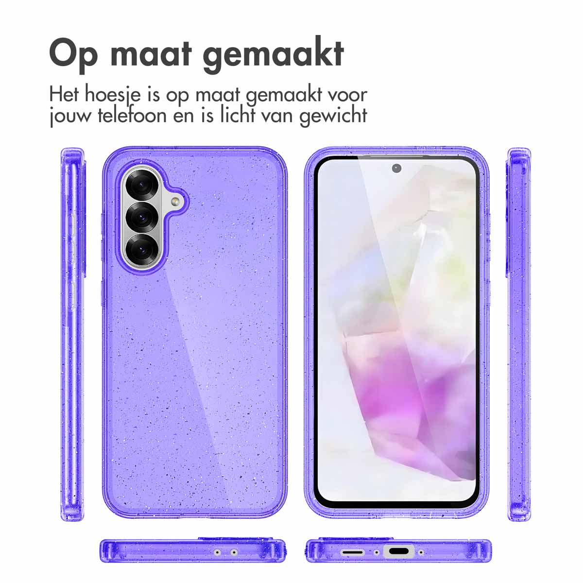 Paarse telefoon met een paars hoesje. Zijaanzichten. Text: Op maat gemaakt. Hoesje heeft paarse glitters.