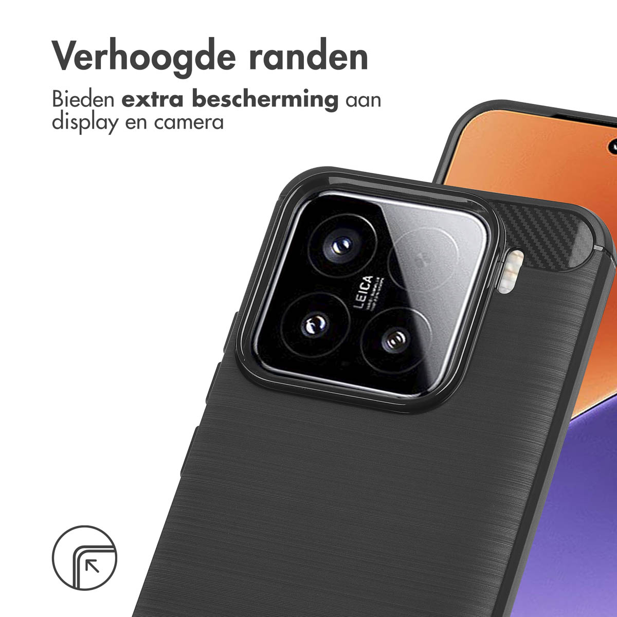 Coque de téléphone noire avec dos texturé, objectifs de caméra. Texte : Bieden extra bescherming aan display en camera.