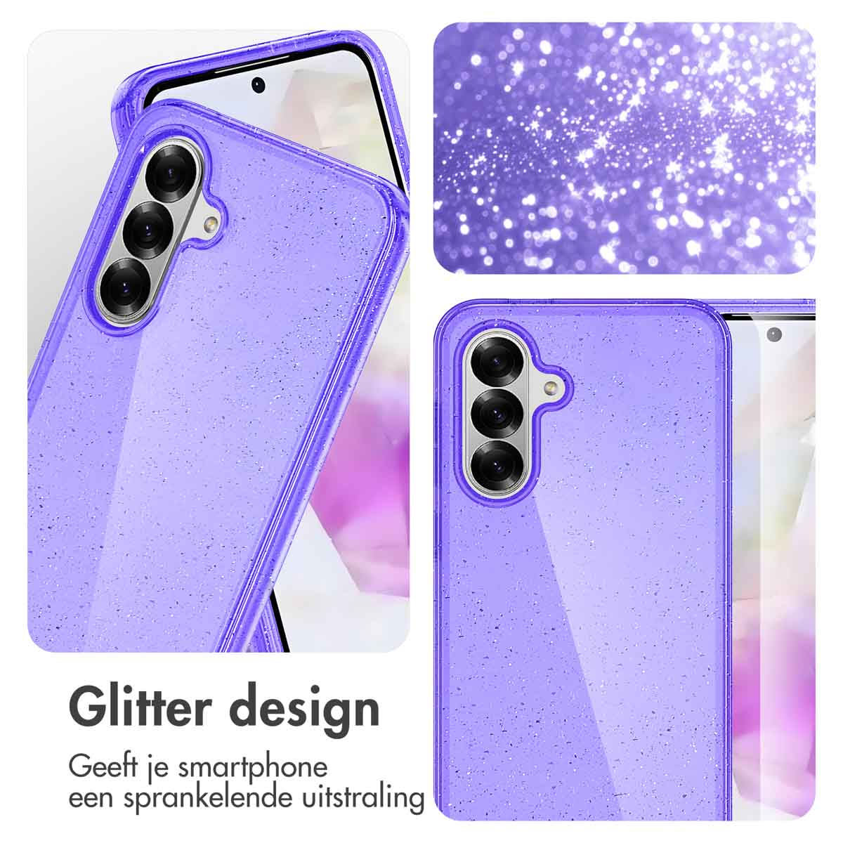 Coque de téléphone pailletée violette avec caméras. Texte : Le design pailleté donne à votre smartphone un éclat étincelant.