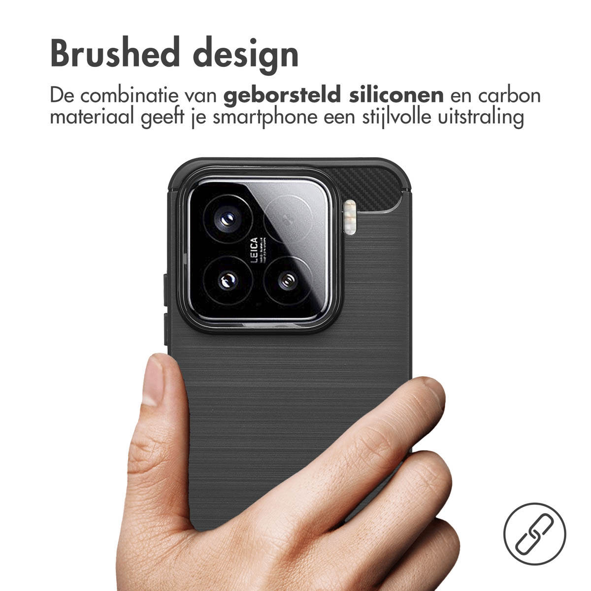 Coque noire avec design brossé. Texte: La combinaison silicone et carbone donne un look élégant.