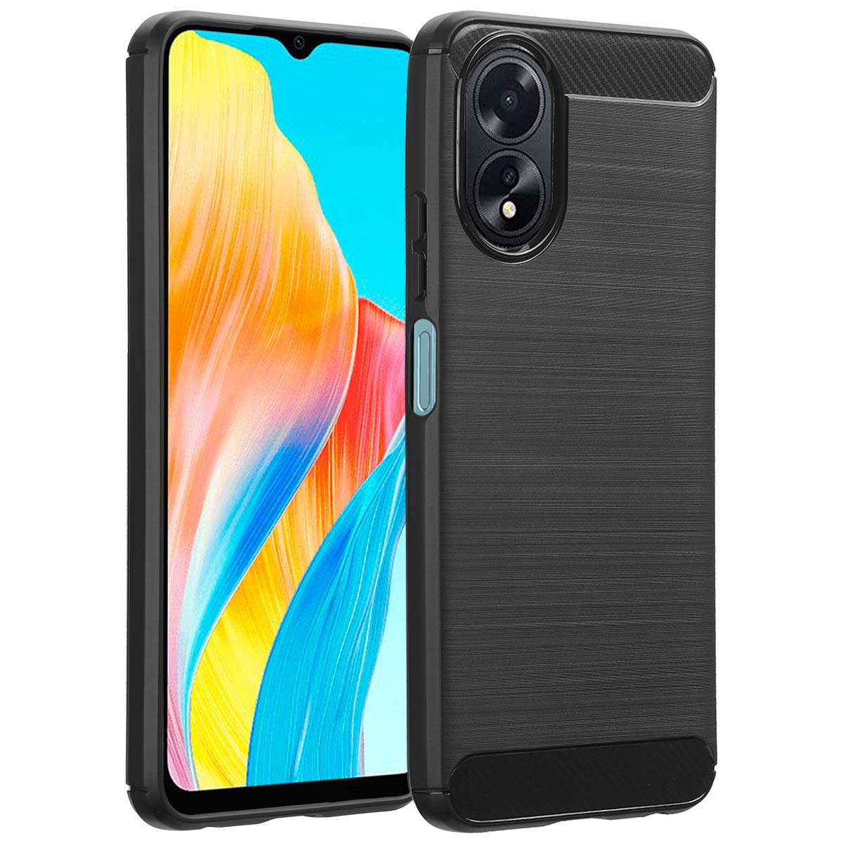 Zwarte telefoonhoes met een zwarte telefoon. De telefoon heeft twee camera's. De hoes heeft een getextureerde achterkant.