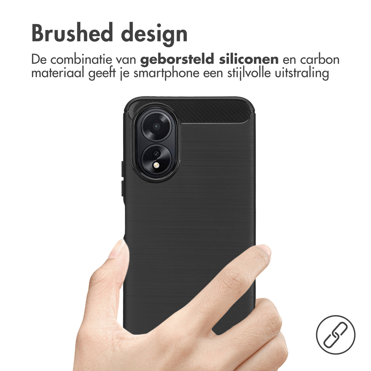Hand die een zwarte telefoonhoes vasthoudt met geborsteld design, tekst 'Brushed design' in het Nederlands.