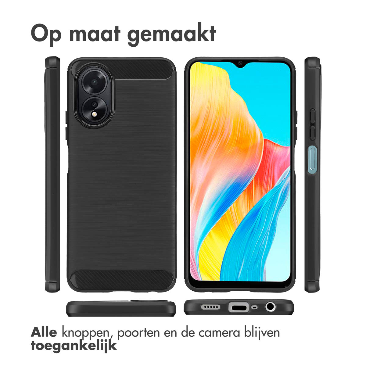 Een zwarte telefoonhoes, met zijaanzichten, en een telefoon erin. 'Alle knoppen, poorten en de camera blijven toegankelijk'.