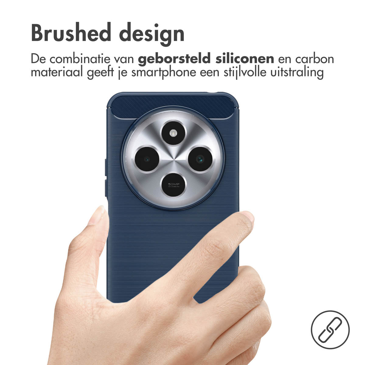 Coque de téléphone bleue avec design brossé et caméra. Texte: De combinatie van geborsteld siliconen en carbon materiaal.